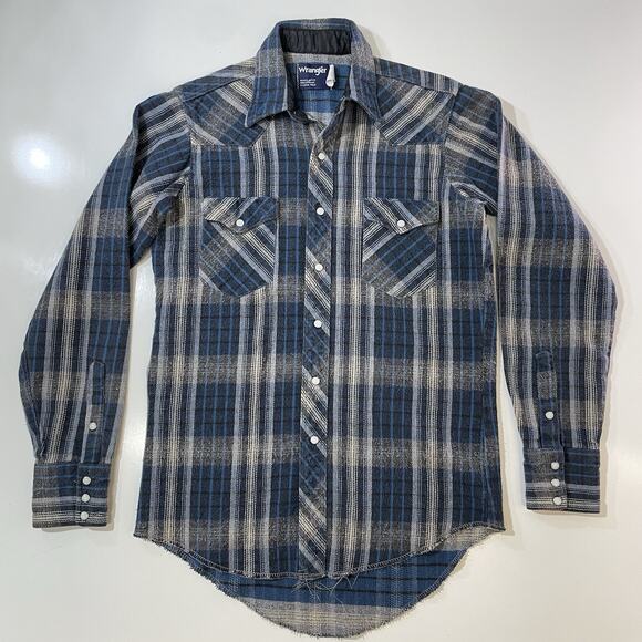 VTG Wrangler Men's Cowboy Cut X-Long Tails Blue Plaid Pearl Snap Shirt Sz M 15.5 - Picture 1 of 8